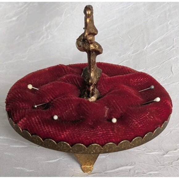 French Poodle Pin Cushion Pearl Gold Trinket Red Velvet Dog Jewelry Dish 60s Vtg - Picture 11 of 16